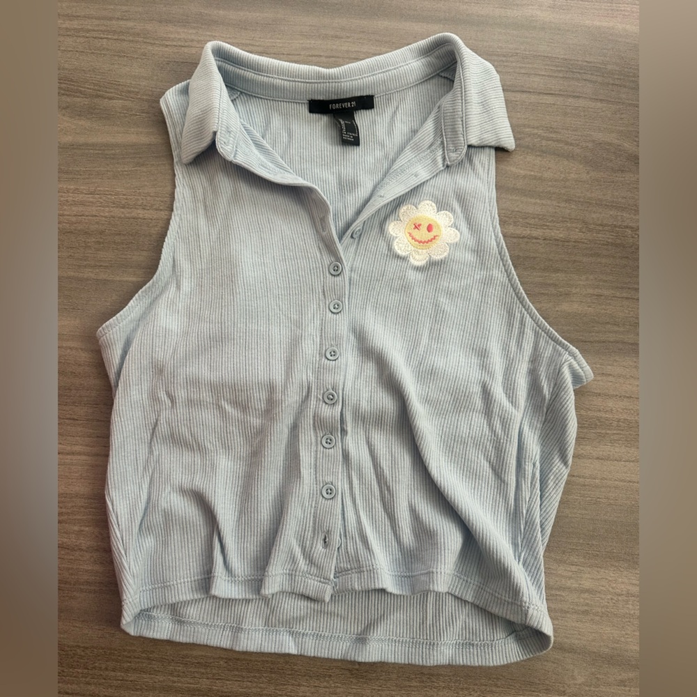 Forever 21 Light Blue Button Down Shirt with Floral Patch